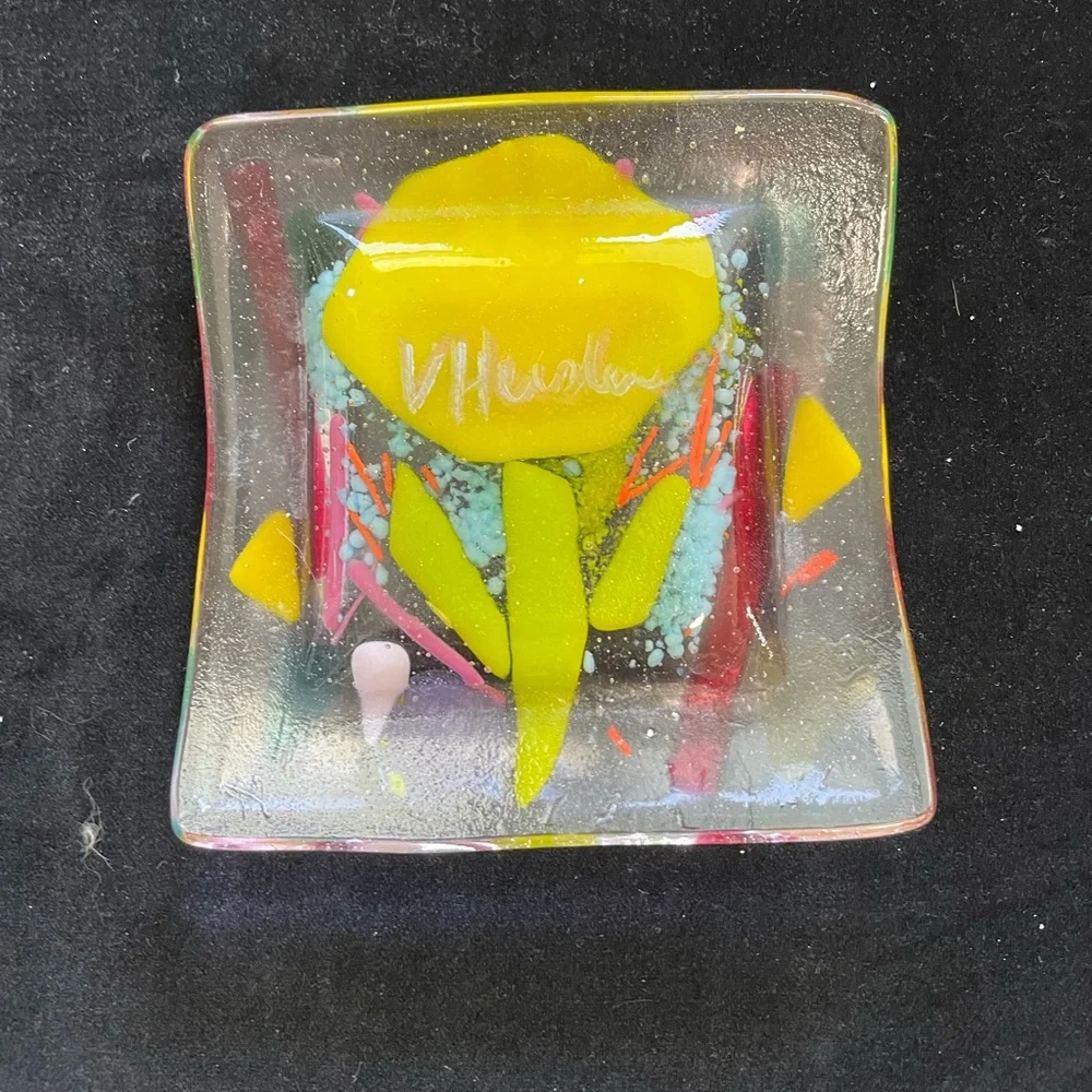 Flower Original Pink Fused Art Glass Ring/Key Handmade Square Tray 5” OOAK - Picture 5 of 8